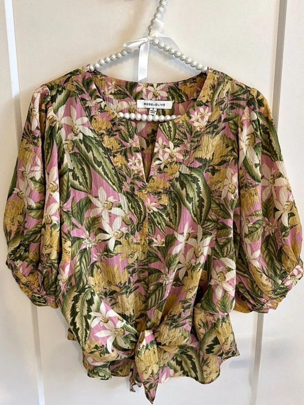 Rose + Olive Floral Tie-Front Blouse in Pink & Green